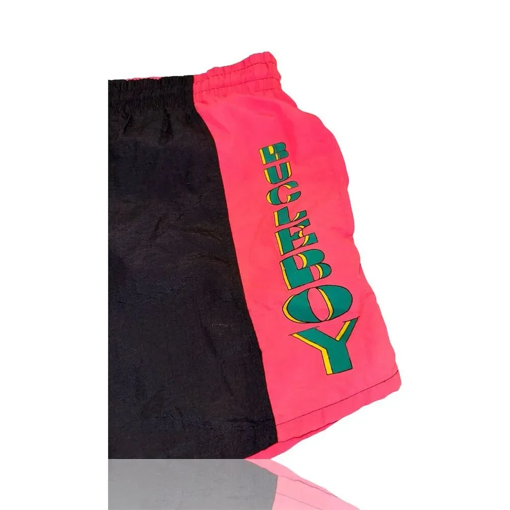 Vintage Bugle Boy Men's Neon Pink/Black Swim Shorts Size S Retro 80s 90s